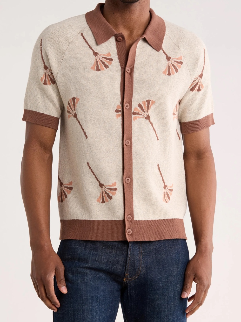 KOTN Cream & Brown Floral-Print Short-Sleeve Cardigan Polo